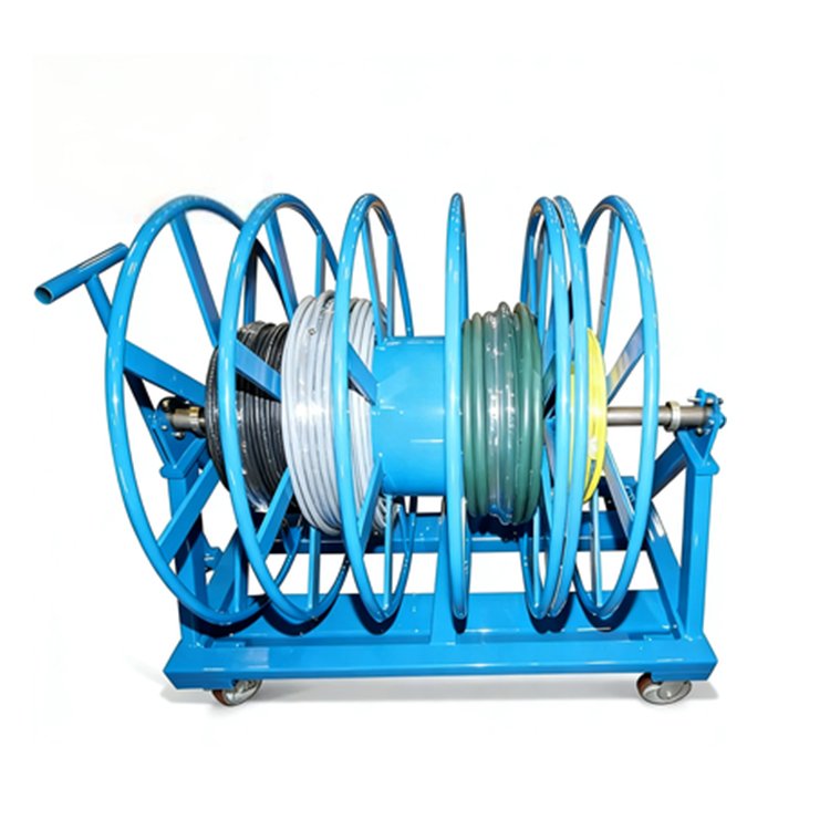 Blue portable multi-spindle cable reel with wheels, holding multiple colored wires/hoses, for organized storage and easy transport.