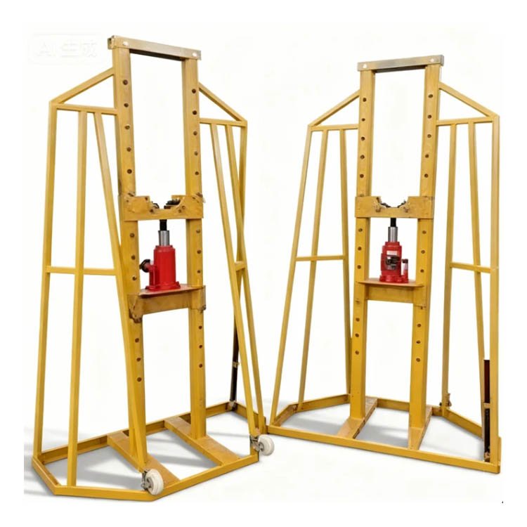 Two yellow portable hydraulic lifting frames with red bottle jacks, wheels, and sturdy metal structures for heavy-duty lifting tasks.