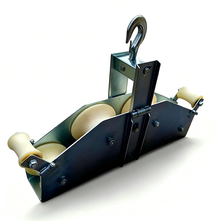 Dual-pulley lifting block with metal hook, side guide rollers, and durable frame for cable management and lifting applications.