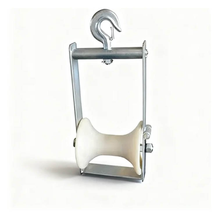 Robust swivel hook pulley block with sturdy metal frame and smooth white sheave, built for efficient lifting and pulling in industrial settings.