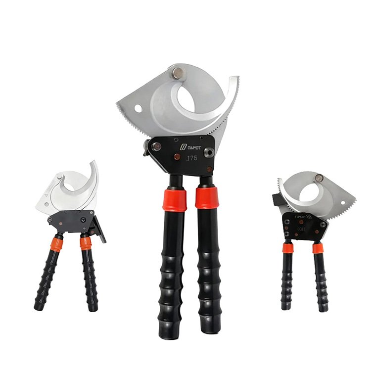 Three ratchet cable cutters with black handles, red accents, sharp curved blades for cutting electrical cables, displayed in various sizes.