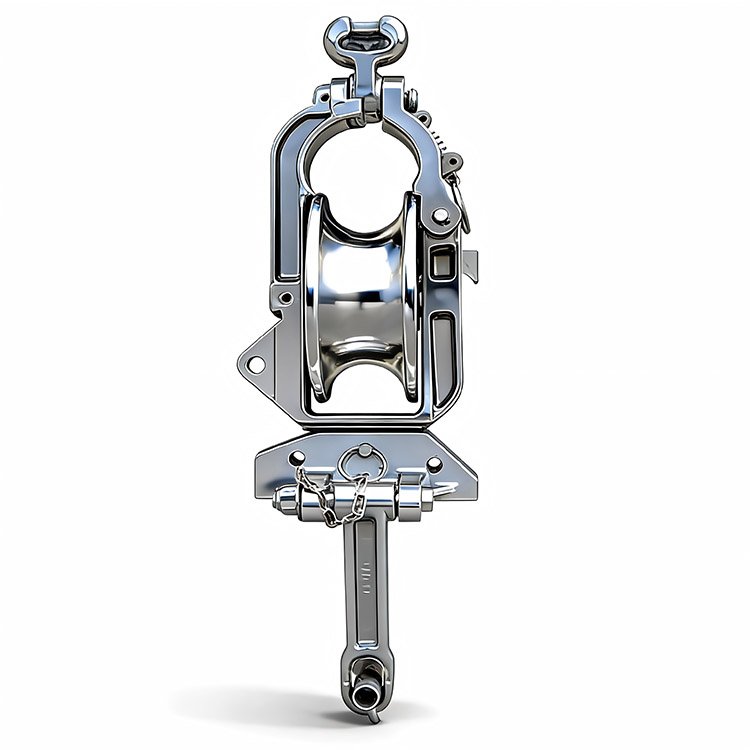 High-polish chrome excavator quick hitch attachment, showcasing robust metal construction, secure locking, and polished finish on white background.