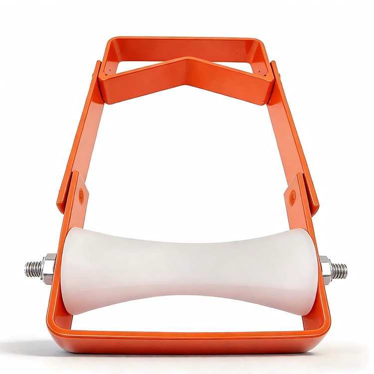 Orange metal excavator roller attachment with white smooth roller and bolts for secure mounting