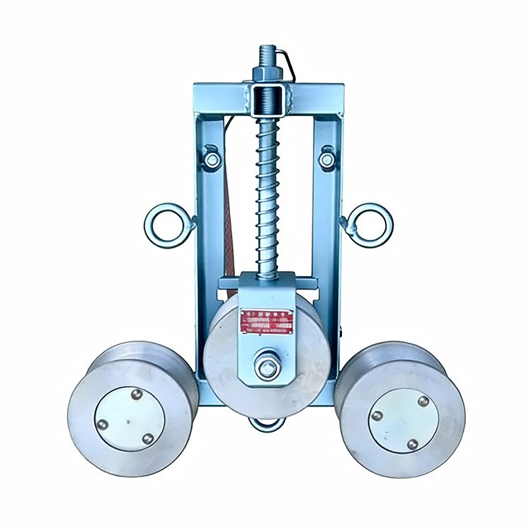 Industrial cable pulley tensioner with spring-loaded frame, central pulley, and two side pulleys for efficient cable tensioning in construction and rigging