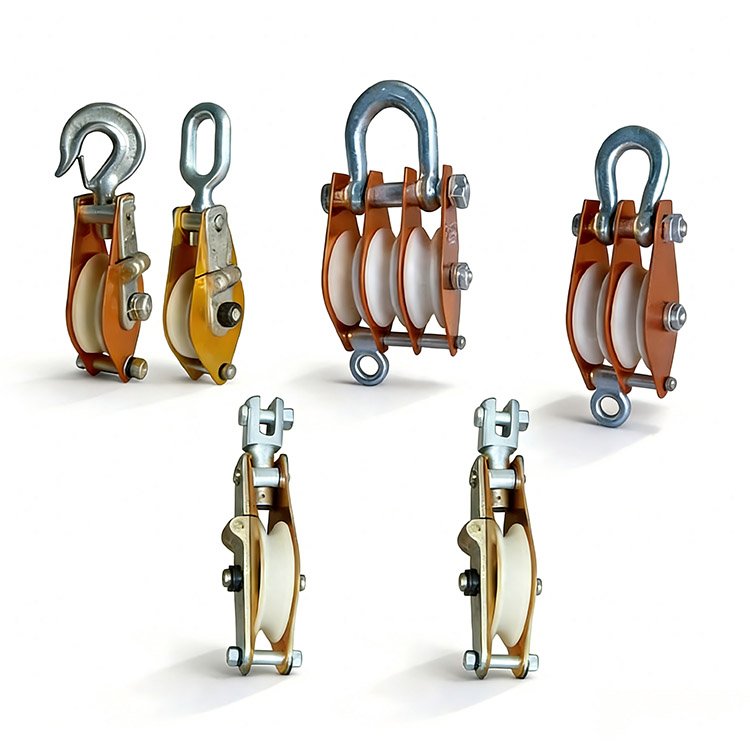 Assortment of rigging pulleys with metal hooks/eyes, orange/yellow frames, and white wheels for lifting and rigging applications.