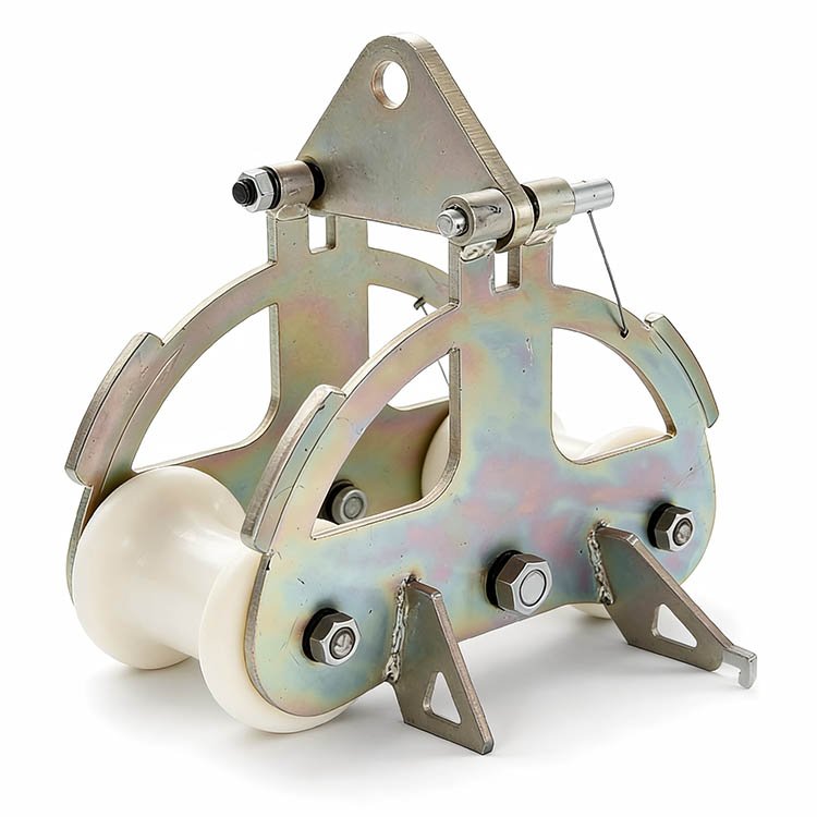 Heavy-duty excavator cable pulley attachment with white nylon wheels, metal frame, and lifting hook for construction lifting tasks.