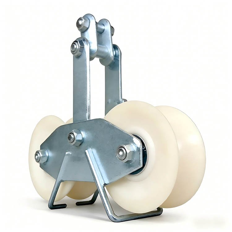 Heavy-duty excavator cable pulley attachment with white nylon wheels, metal frame, and lifting hook for construction lifting tasks.