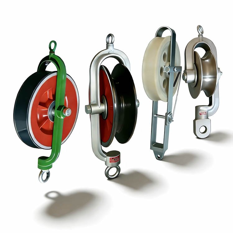 Assortment of industrial cable pulleys with metal frames, various wheel materials for lifting and rigging applications.