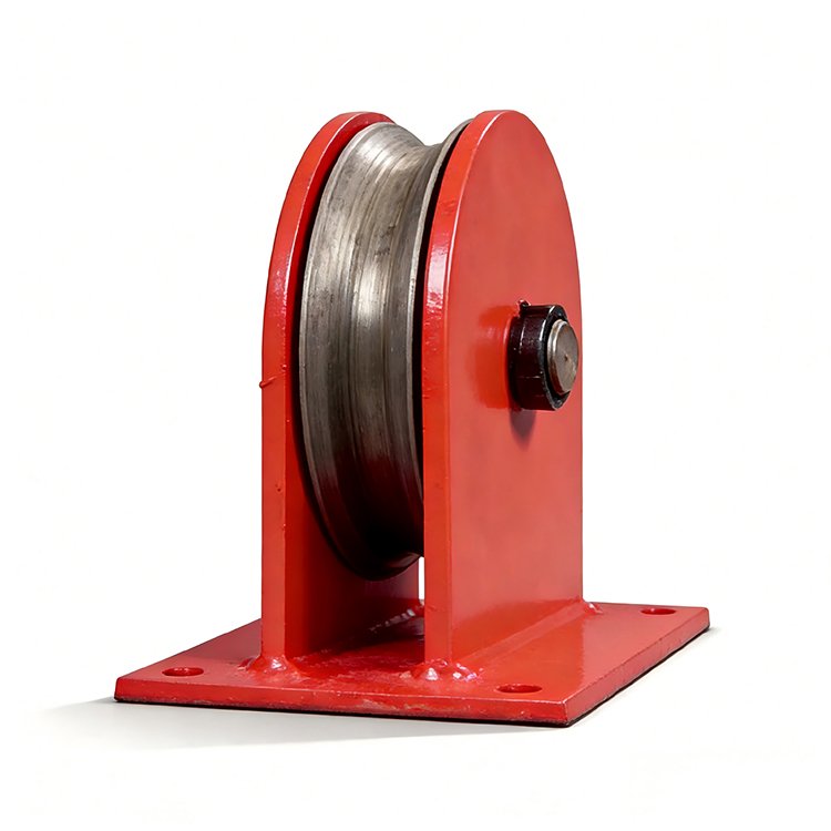 Red heavy-duty excavator pulley with metal sheave, mounted on a red base plate, ideal for wire rope lifting tasks.