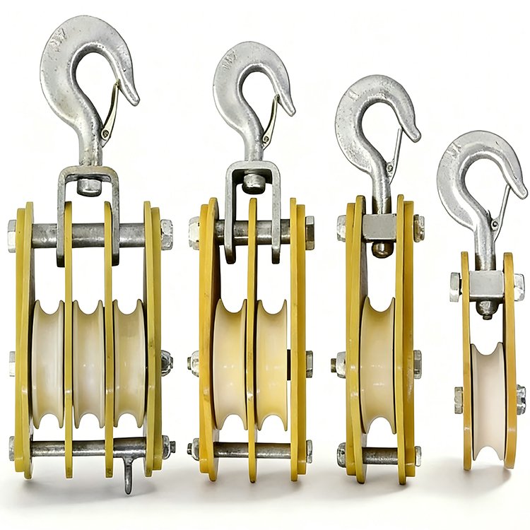 Heavy-duty pulley blocks with metal hooks, multiple yellow-framed sheaves, and white pulleys for rigging and lifting applications.