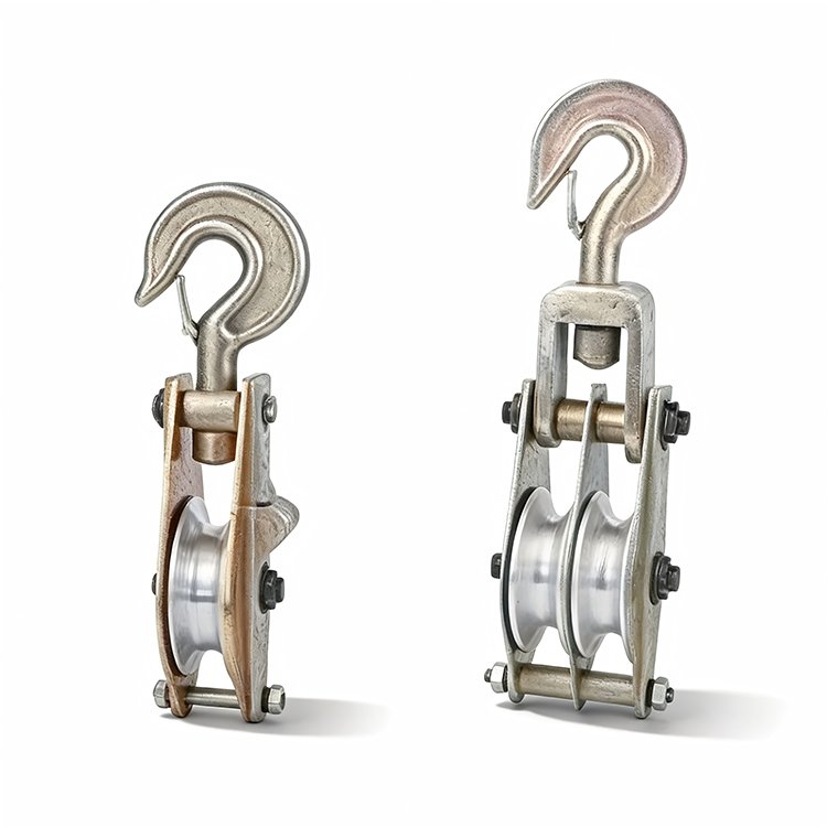 Two heavy-duty pulley blocks with hooks: single and double sheave designs for lifting, rigging, and industrial tasks.