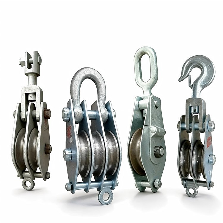 Set of four heavy-duty rigging pulleys with hooks, rings, and metal frames for lifting and rigging applications