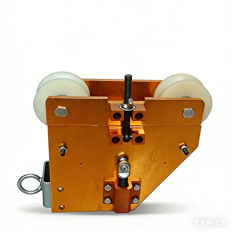 Orange excavator cable pulley tensioner with white nylon wheels, metal bolts, and a ring attachment for construction use.