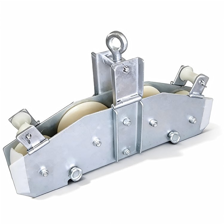 Heavy-duty excavator cable pulley assembly: metal housing, smooth white pulleys, mounting hooks