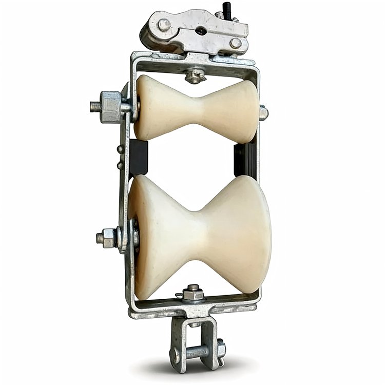 Heavy-duty excavator cable pulley assembly: metal housing, smooth white pulleys, mounting hooks