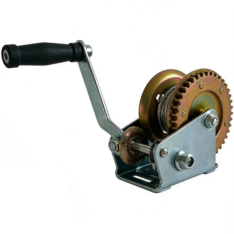 Manual hand crank winch with black handle, metal gears, coiled cable, and sturdy mounting base for heavy-duty use.