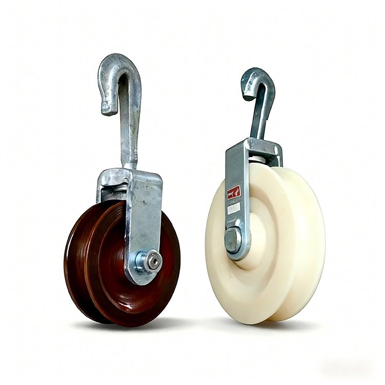 Two heavy-duty lifting pulleys with metal hooks: brown and white wheels, designed for rigging and lifting applications.