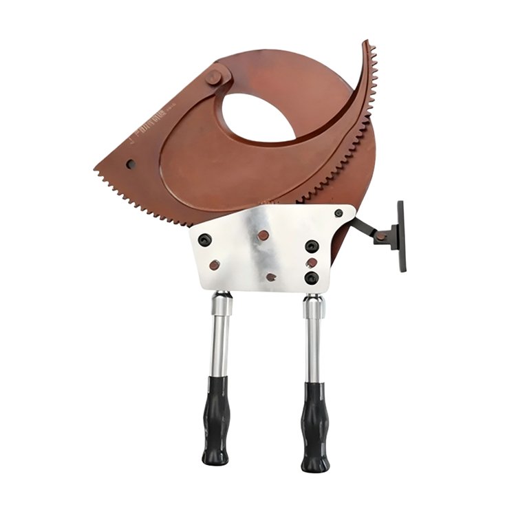 Two manual ratchet cable cutters with brown cutting jaws, silver telescopic handles, and black grips, displayed on a white background.