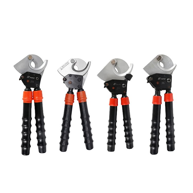 Four heavy-duty ratchet cable cutters with black and orange handles, built for efficient wire and cable cutting operations.