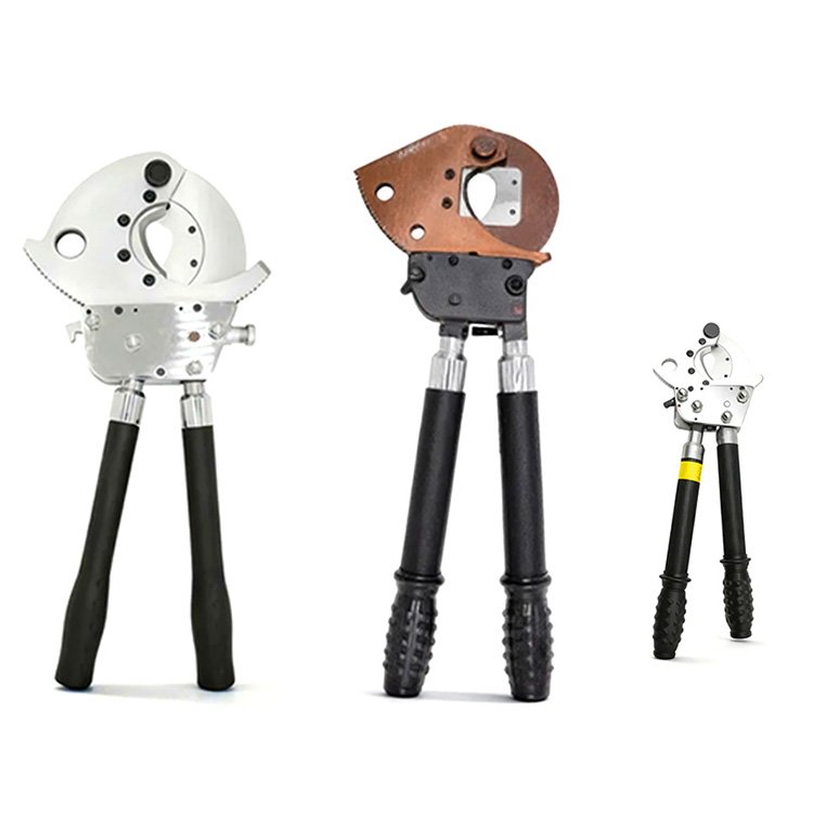 Three heavy-duty ratchet cable cutters with black handles, designed for efficient electrical cable cutting