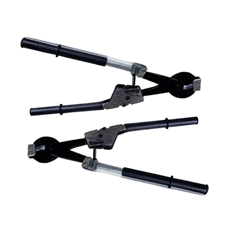 Black and silver manual rivet gun with black handles, designed for riveting, displayed on a white background.