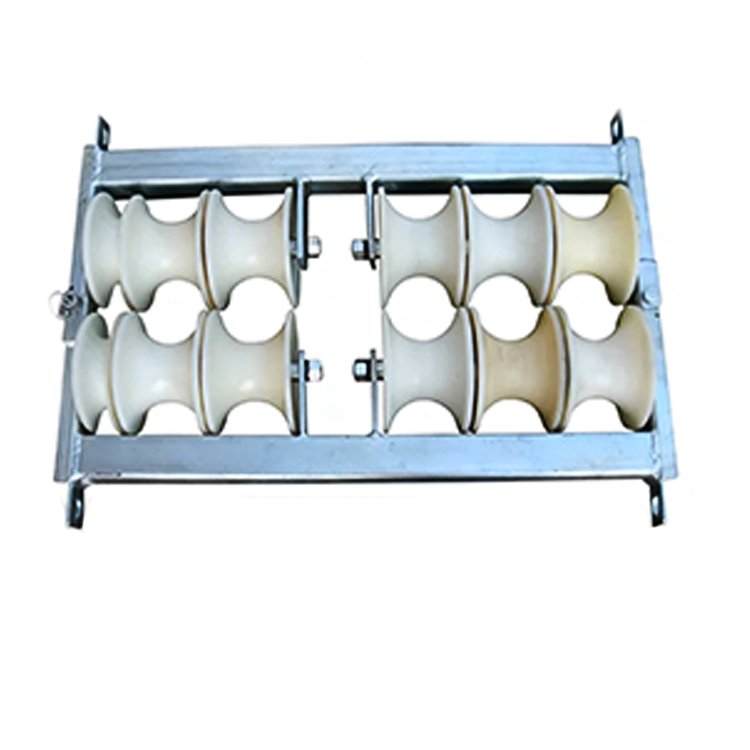 Heavy-duty metal-framed multi-roller cable pulley assembly with white nylon rollers for industrial cable handling