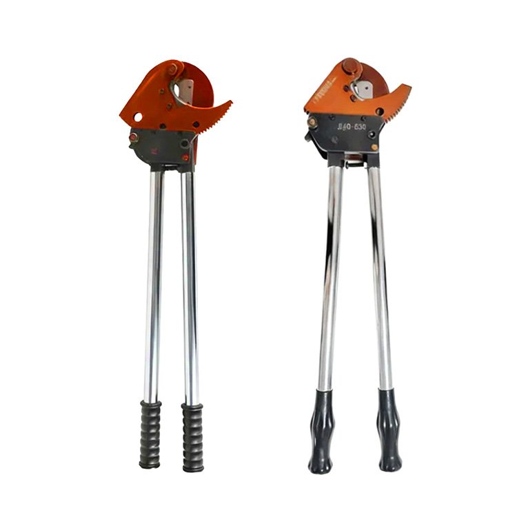 Two manual ratchet cable cutters with orange heads, long chrome handles, and black grips for cutting electrical cables.