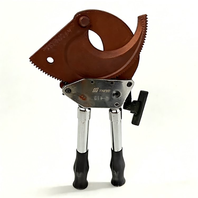 Heavy-duty ratchet cable cutters (large/small) with metal ratchet, chrome arms, black ergonomic handles for cable cutting.