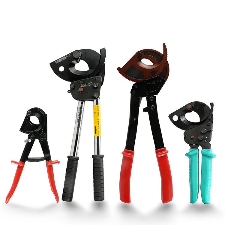 Assortment of ratchet cable cutters in various sizes, with ergonomic handles and sharp blades for cable cutting.
