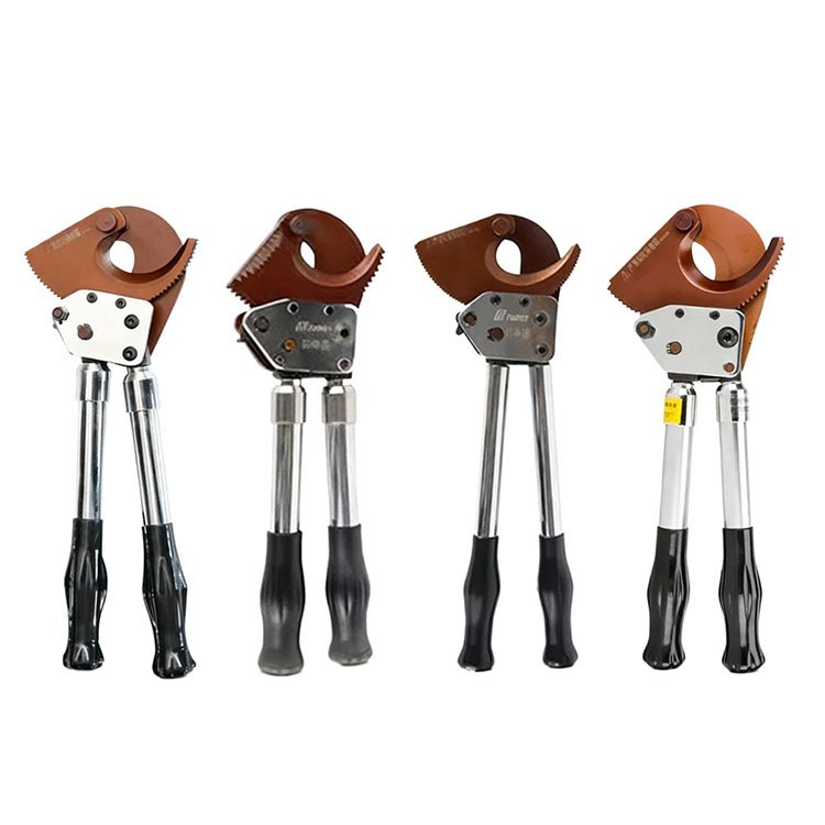 Four manual ratchet cable cutters with brown blades, metallic shafts, and black ergonomic handles, built for heavy-duty wire cutting tasks.