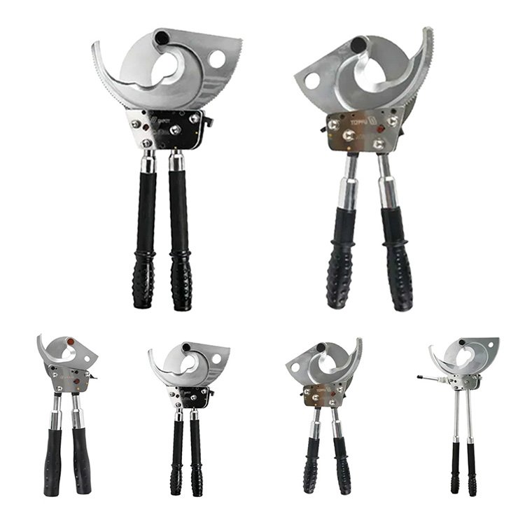 Collection of manual cable cutters with varied blade designs, ergonomic grips, & metal frames for wire/cable cutting tasks.