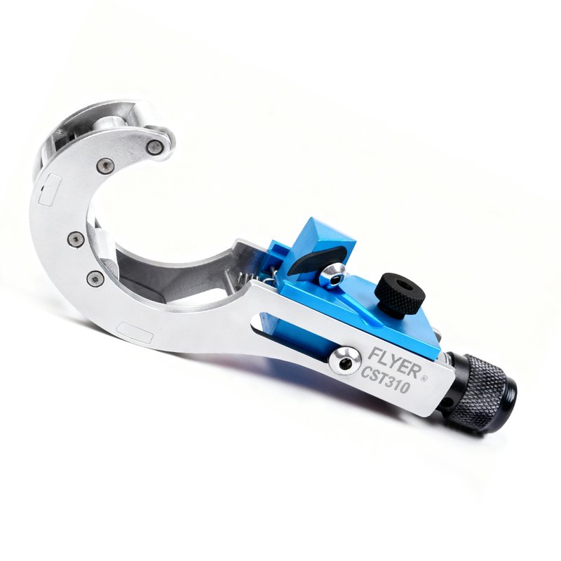 Silver and blue excavator cutting attachment with adjustable knob, built for precision pipe cutting tasks.