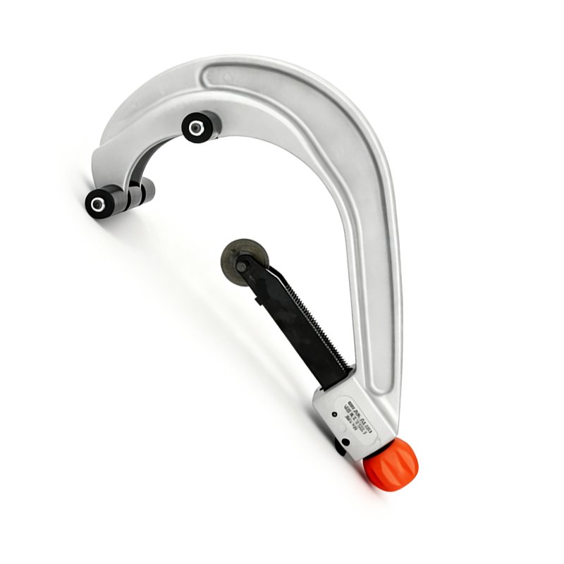Manual pipe bending tool with silver frame, black handle, orange knob, and smooth rollers for accurate pipe bends