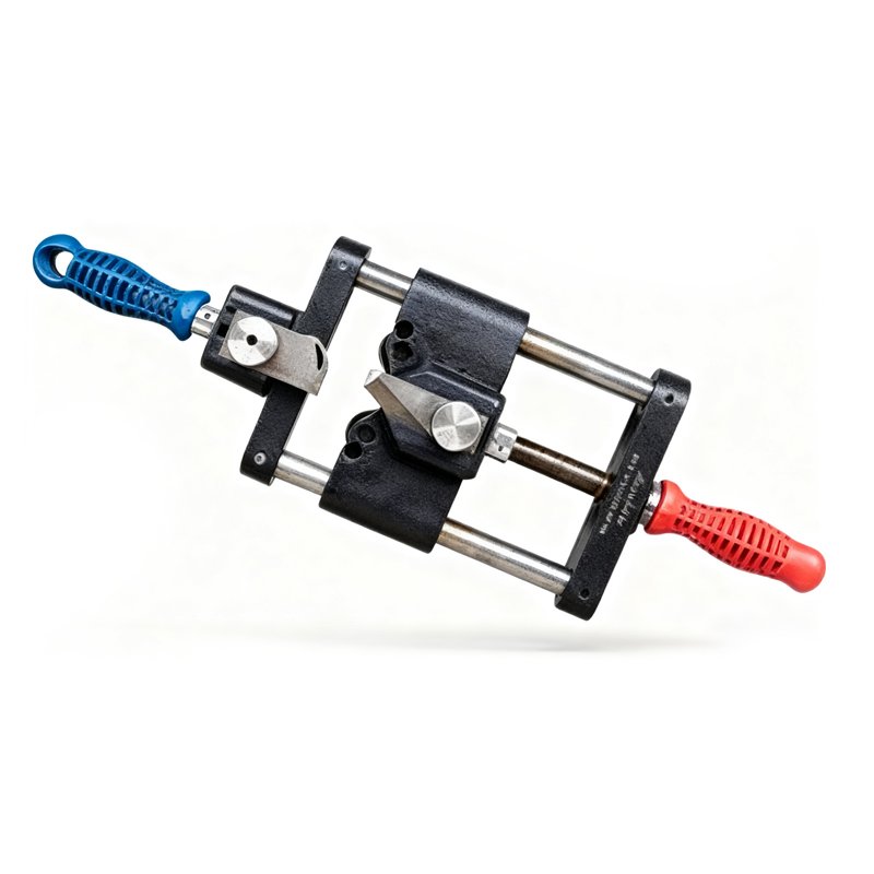 Black mechanical cable cutter with blue and red handles, metal rods, and sharp blades, designed as an excavator attachment.