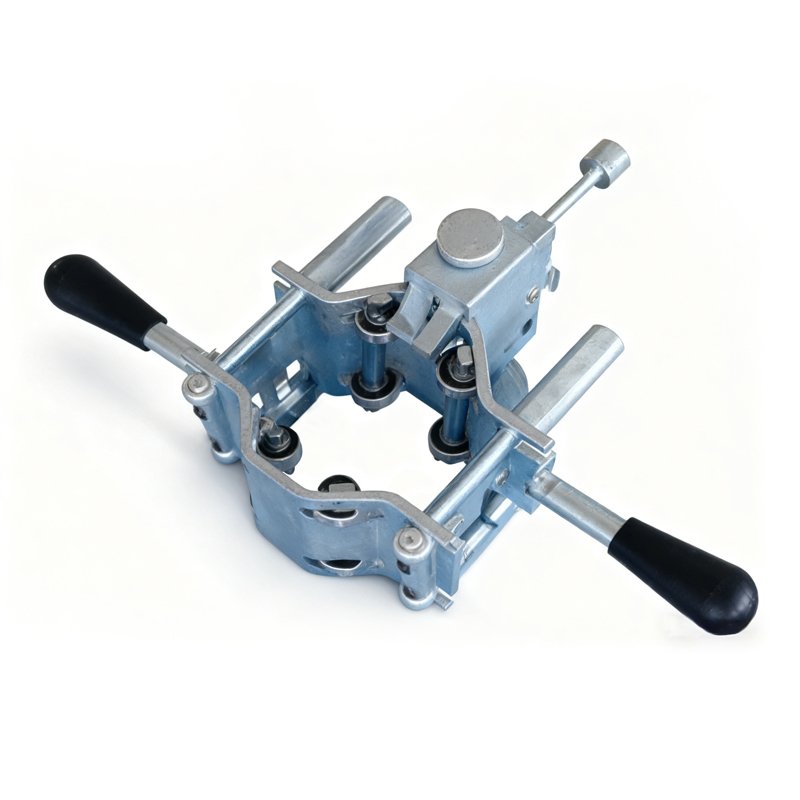 Mechanical excavator quick coupler attachment with black handles, metallic components, and clamping mechanism for secure tool connection.