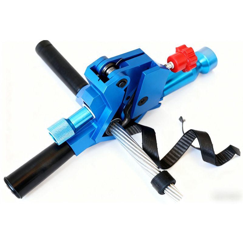 Blue heavy-duty wire rope cutter with black handles cutting a steel cable, featuring a red adjustment knob.
