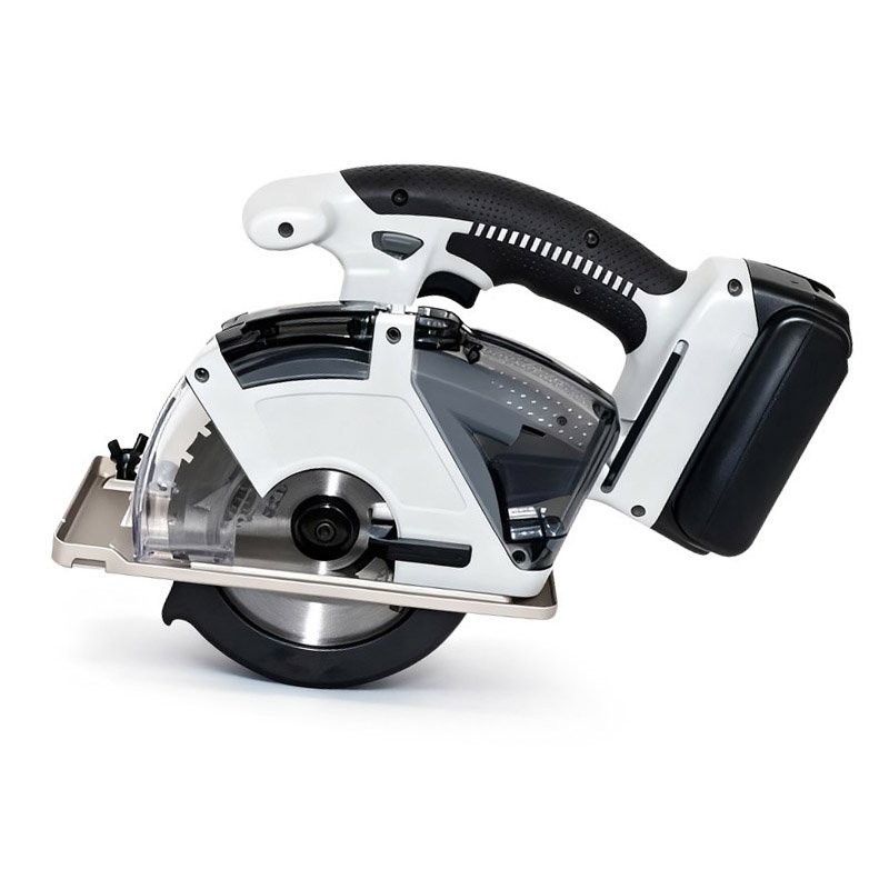 Cordless circular saw with black handle, clear protective guard, and sharp metal blade, designed for efficient cutting