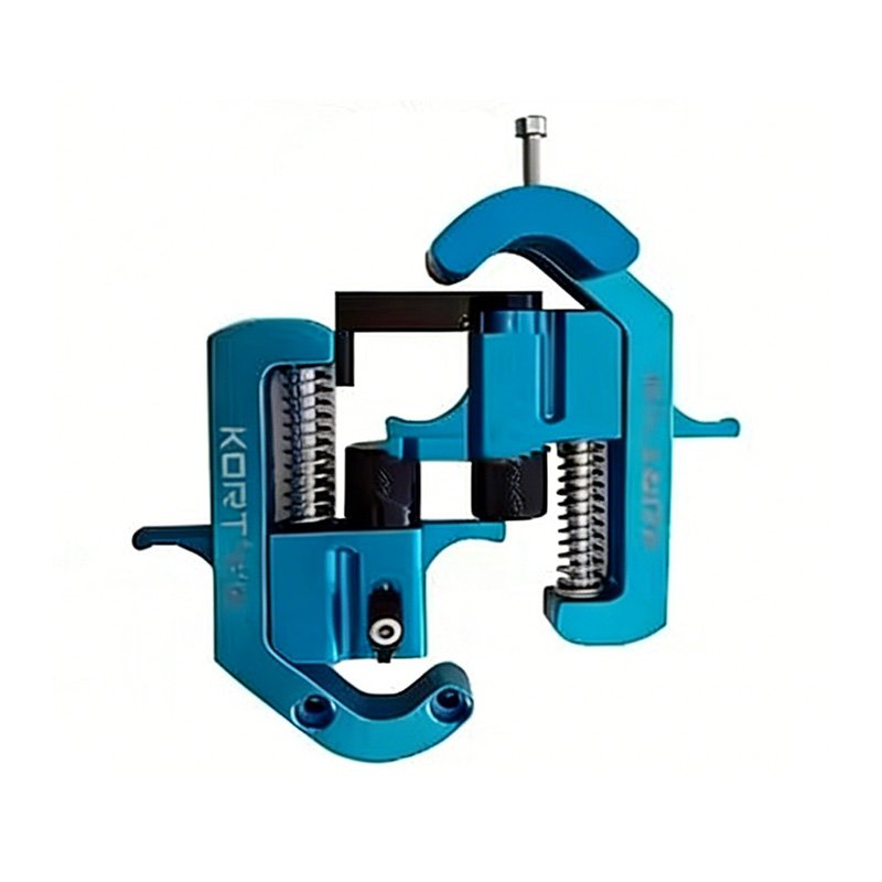 Blue excavator quick coupler attachment with springs, clamps, and adjustment screw for heavy-duty construction use