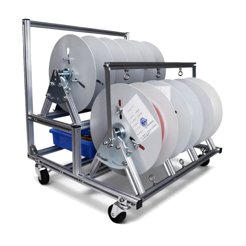Wire Spool Rack holding multiple cable reels on a mobile metal frame