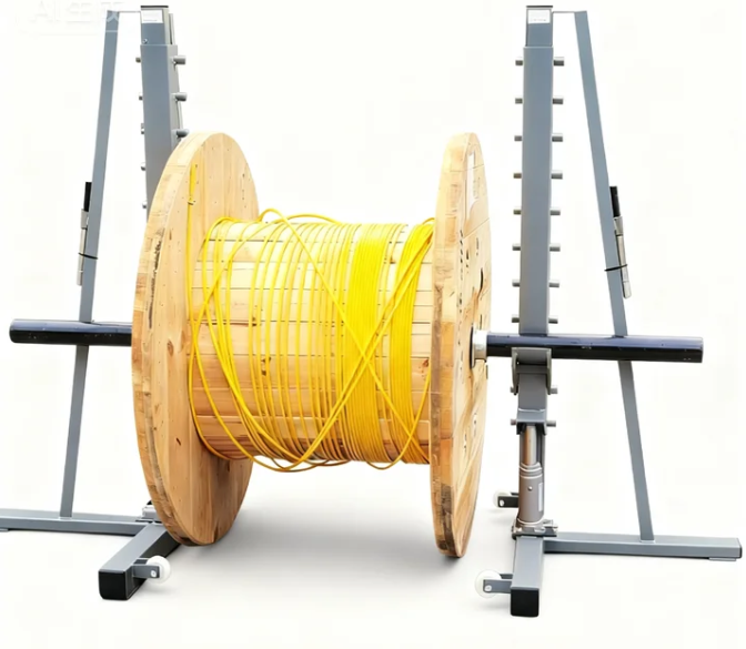 cable reel stand holding loaded wooden drum with yellow cable