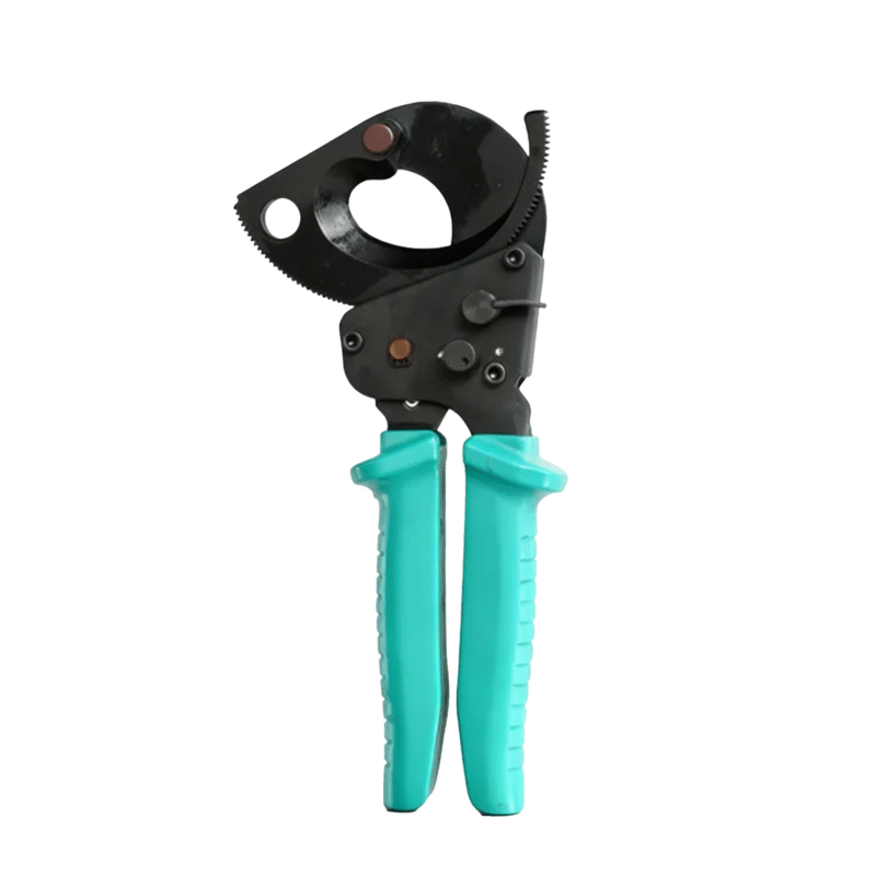 Compact ratcheting cable cutter front view with turquoise handles