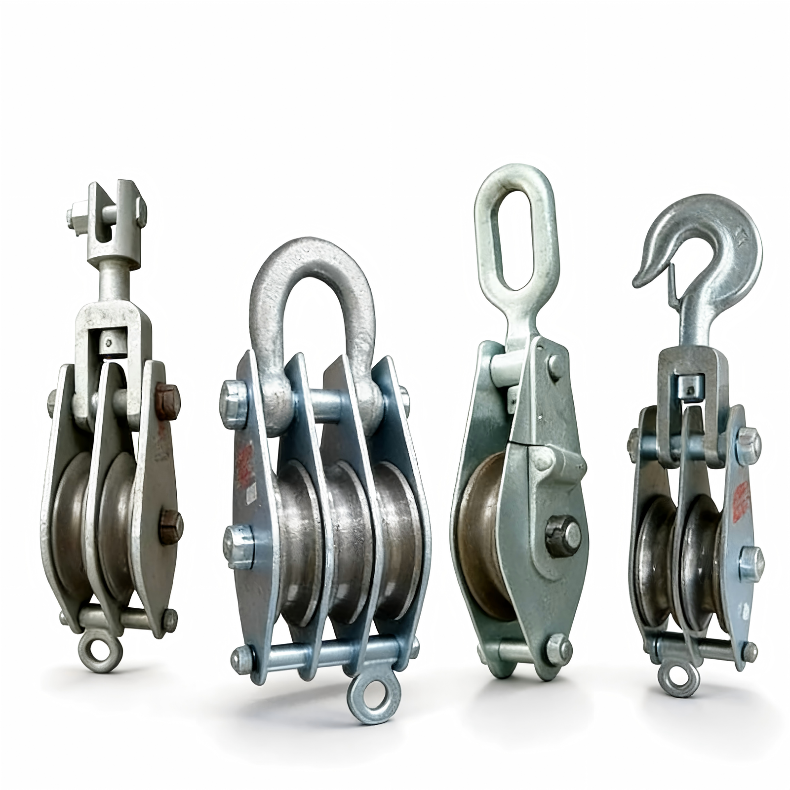 Snatch block product family front view with multiple rigging connection styles.
