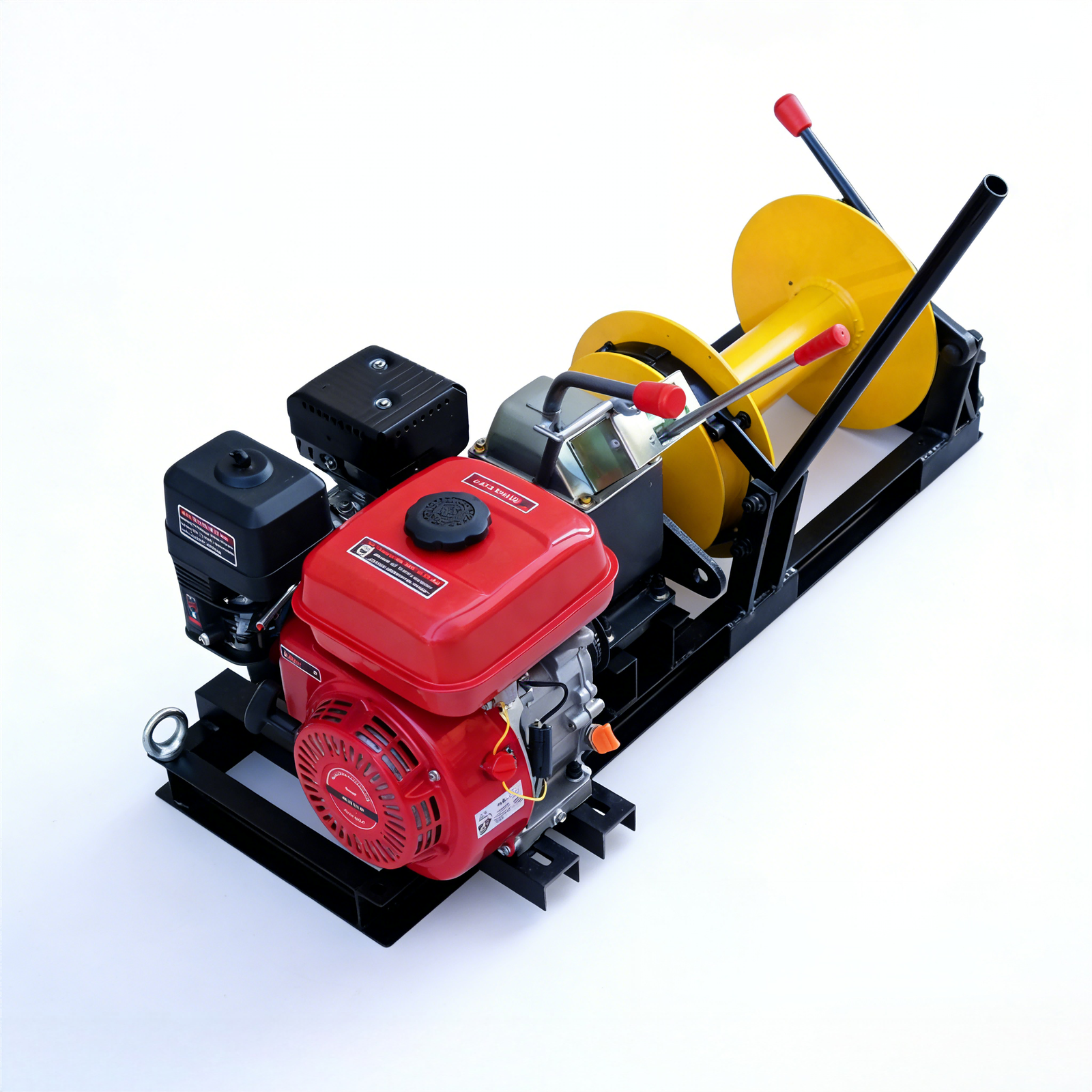 Cable Pulling Winch front left view with engine and yellow single drum