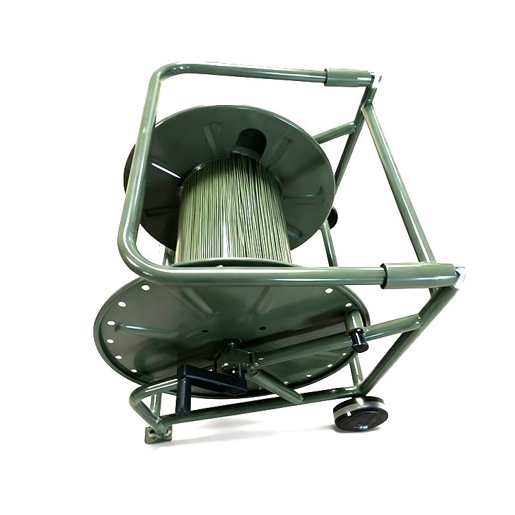 Cable Reel Dispenser cart with hand crank and wheel-supported frame