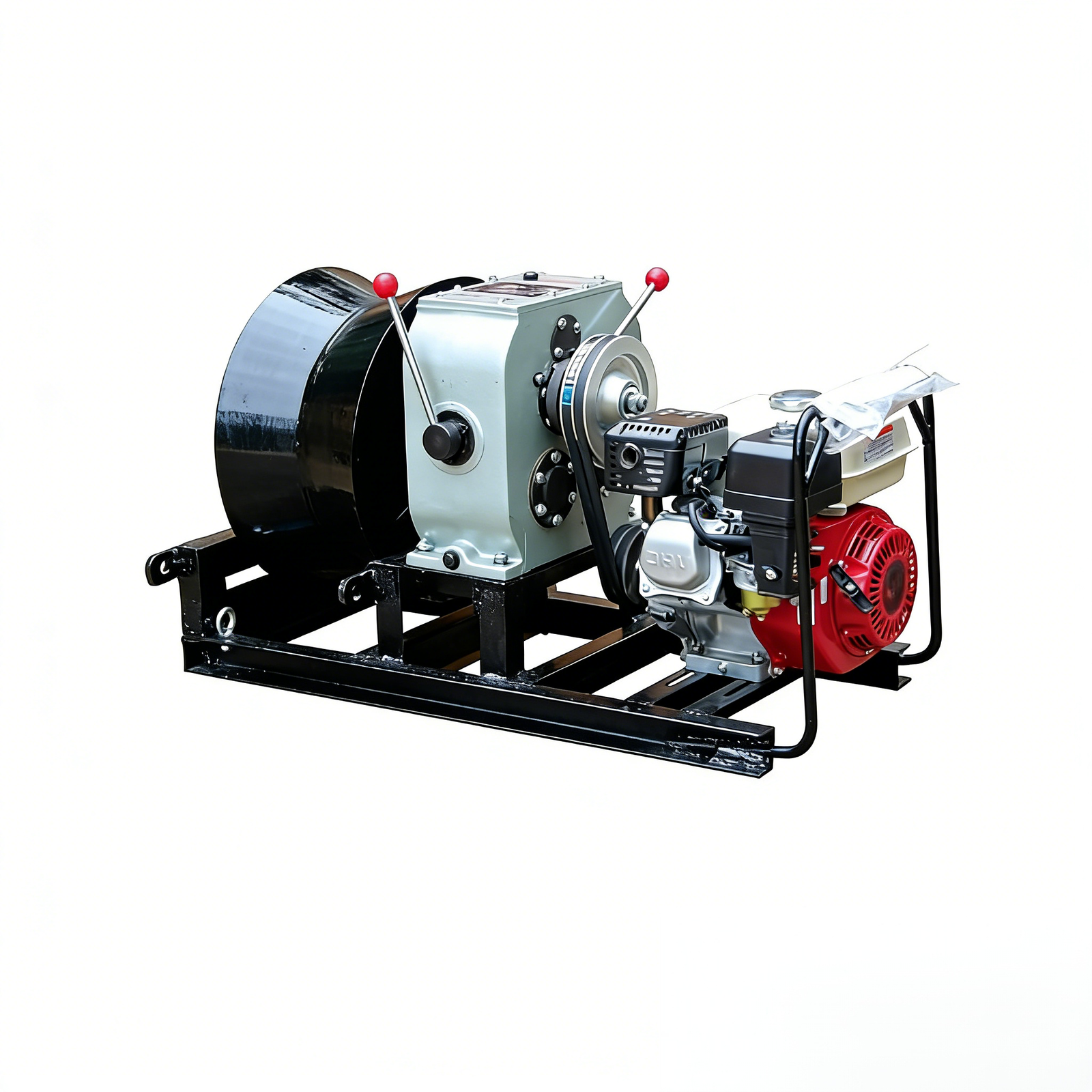 engine powered cable pulling winch on steel skid frame front-left view