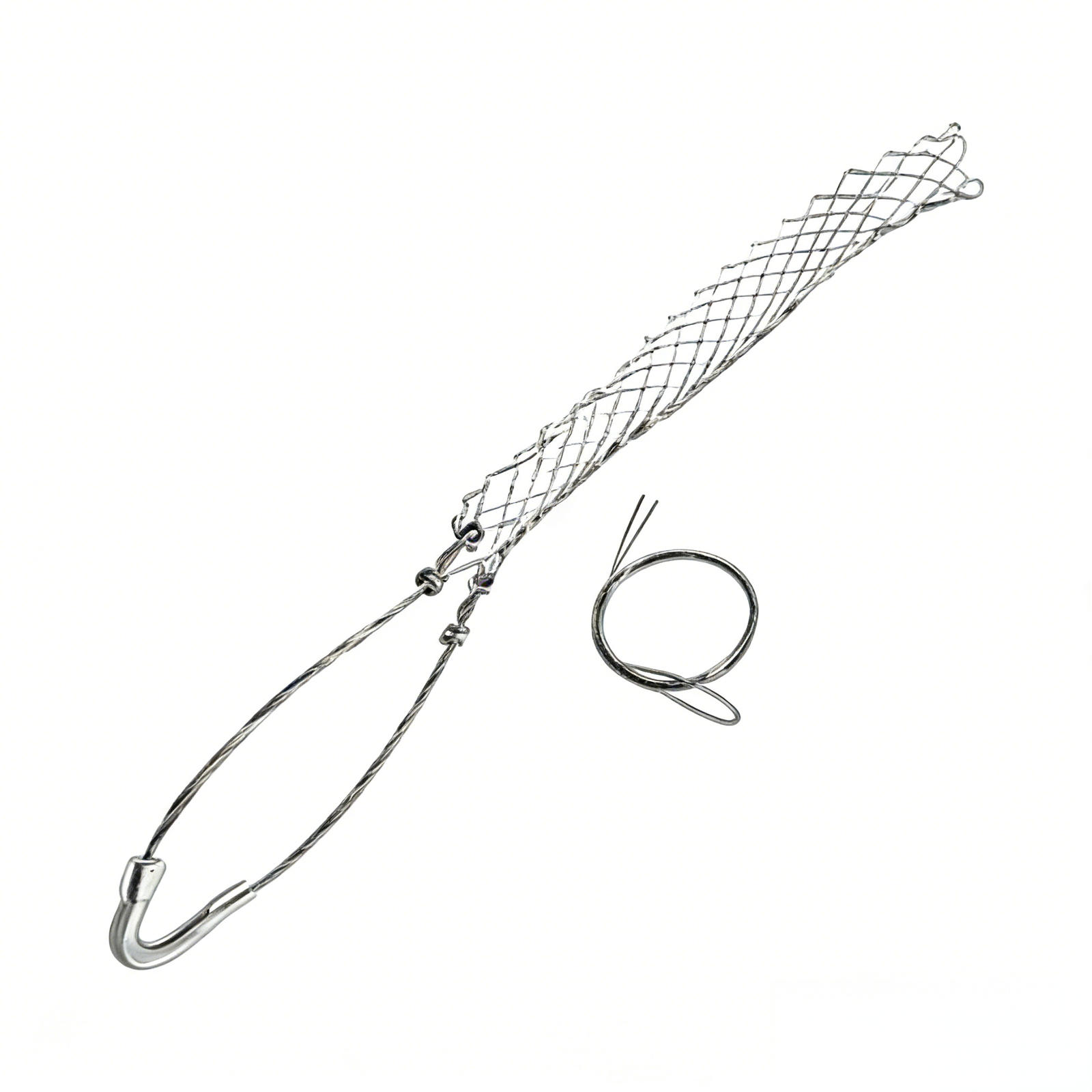 Cable Pulling Grip set with mesh body and wire loops on white surface