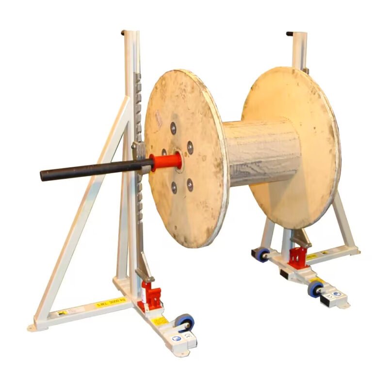 cable reel jack stand with empty wooden drum side view