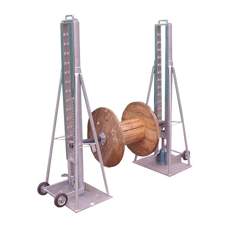 cable drum lifting jack pair supporting wooden reel
