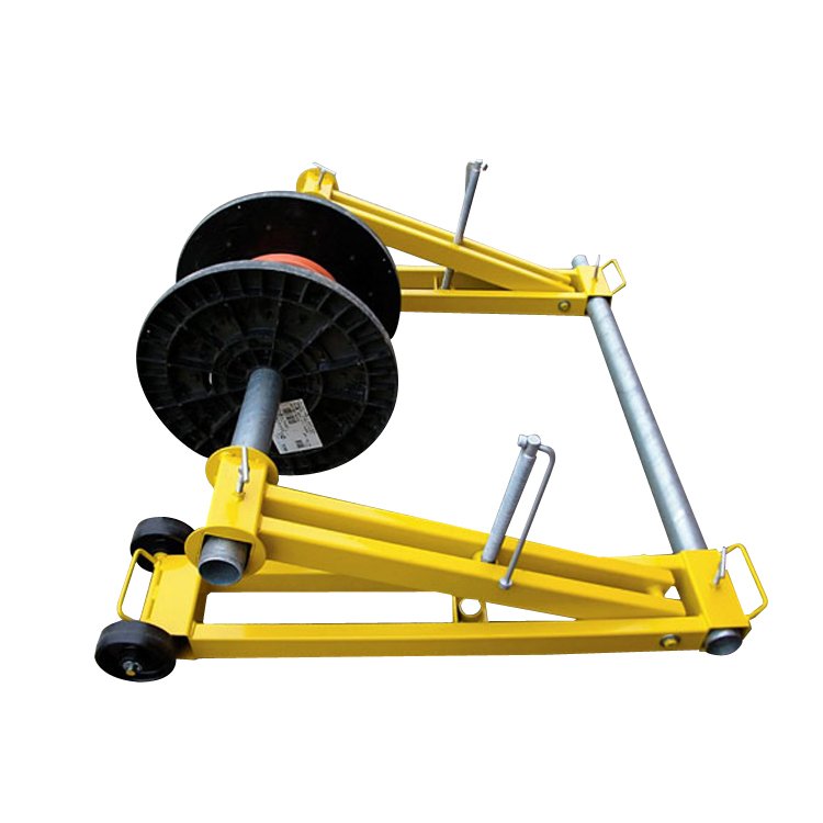 screw-type reel jack stand holding a loaded cable reel