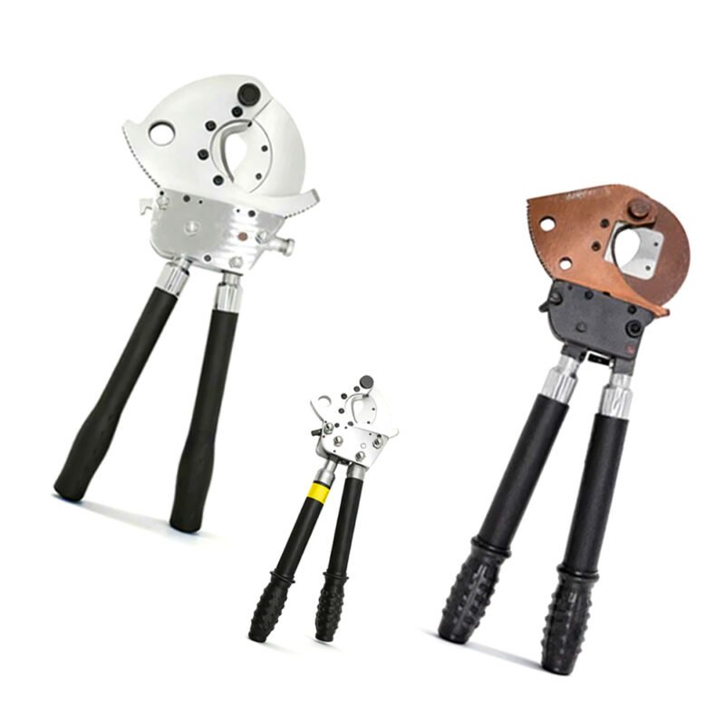 ratcheting cable cutter and manual cable cutter set on light gray background